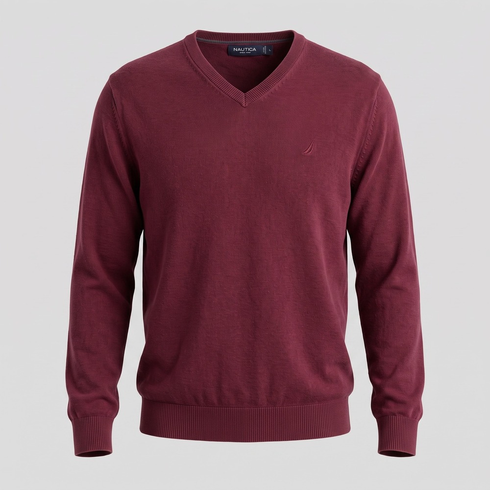 Nautica Mens XL Burgundy V-Neck Sweater Cotton Knit Long Sleeve Logo